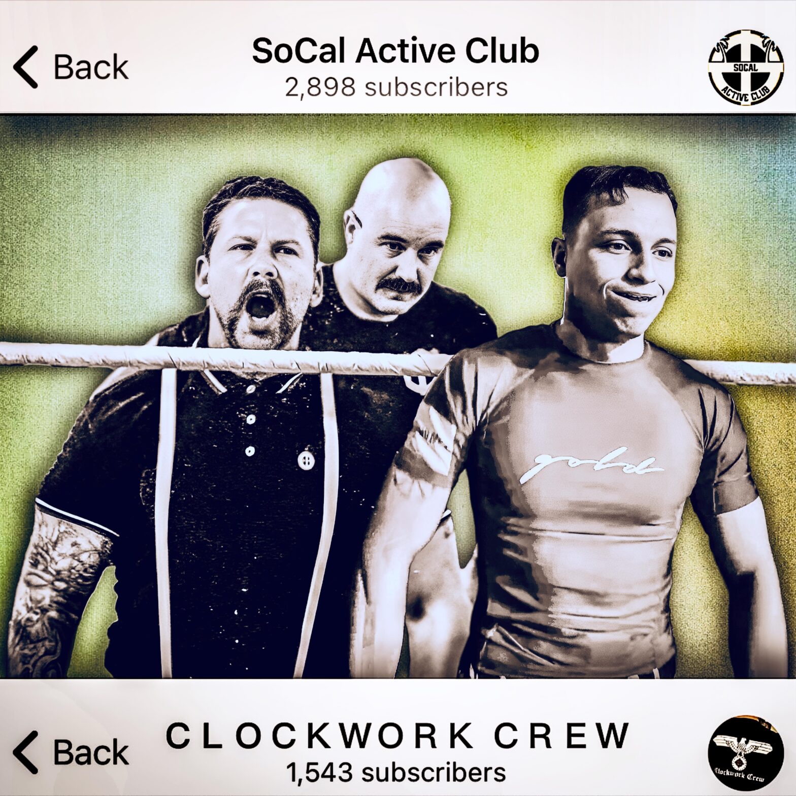 Image of three men (Robert Wheldon, Patrick Mushaney and Mohammad Wadaa) in front of a bright background. The names and logos of their Telegram channels appear at the top and bottom respectively (SoCal Active Club and Clockwork Crew). The scene radiates the energy reminiscent of an intense MMA fight.